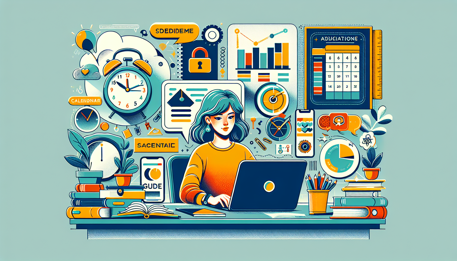 Create an engaging image illustrating a motivated teen working at a desk with a laptop, surrounded by various essential tools and resources like a planner, smartphone, books, and graphic design software. The background depicts a study-friendly environment with posters and motivational quotes on the wall. The scene should also include icons or symbols representing time management and online safety tips like a clock, a lock symbol, and a calendar. The overall mood should be encouraging and inspiring, highlighting the potential and excitement of starting online side hustles while balancing schoolwork. Keywords to include: online side hustles for teens, essential tools, time management, online safety.