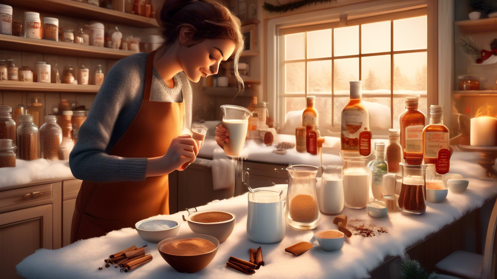 Cozy winter scene showing a person experimenting with different spices and flavored syrups in a warmly-lit kitchen, preparing various creative versions of white hot chocolate, with small labels illustrating ingredients like cinnamon, nutmeg, vanilla, caramel, and peppermint.