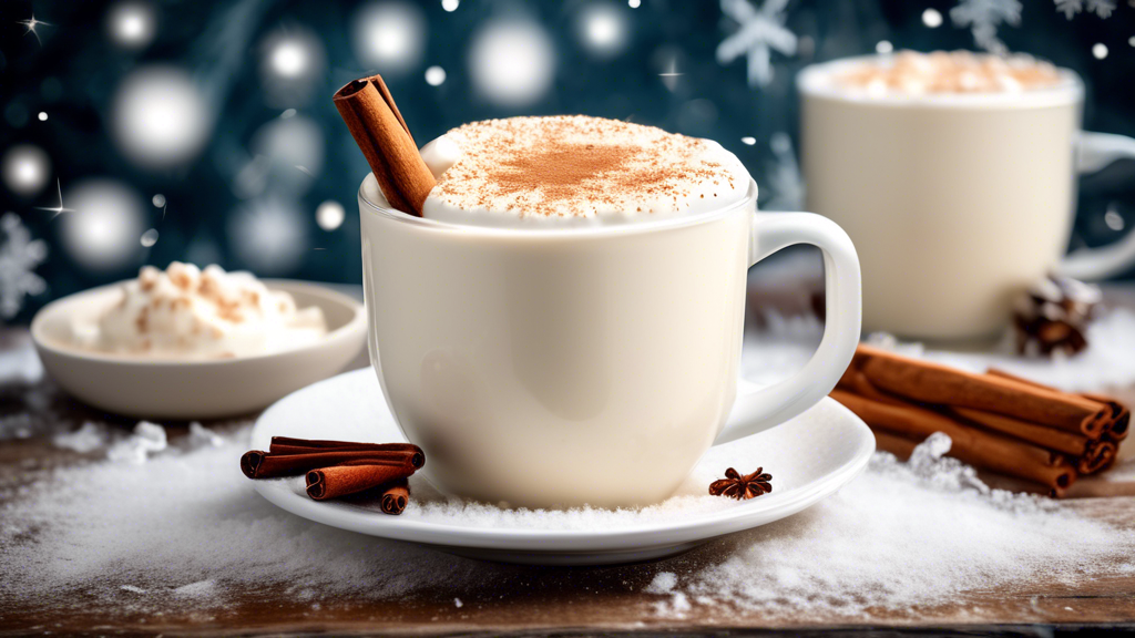 Cozy cup of dairy-free vegan white hot chocolate made with almond milk, garnished with a cinnamon stick, on a rustic wooden table surrounded by snowflakes, emphasizing a health-conscious yet festive winter treat suitable for various dietary needs.