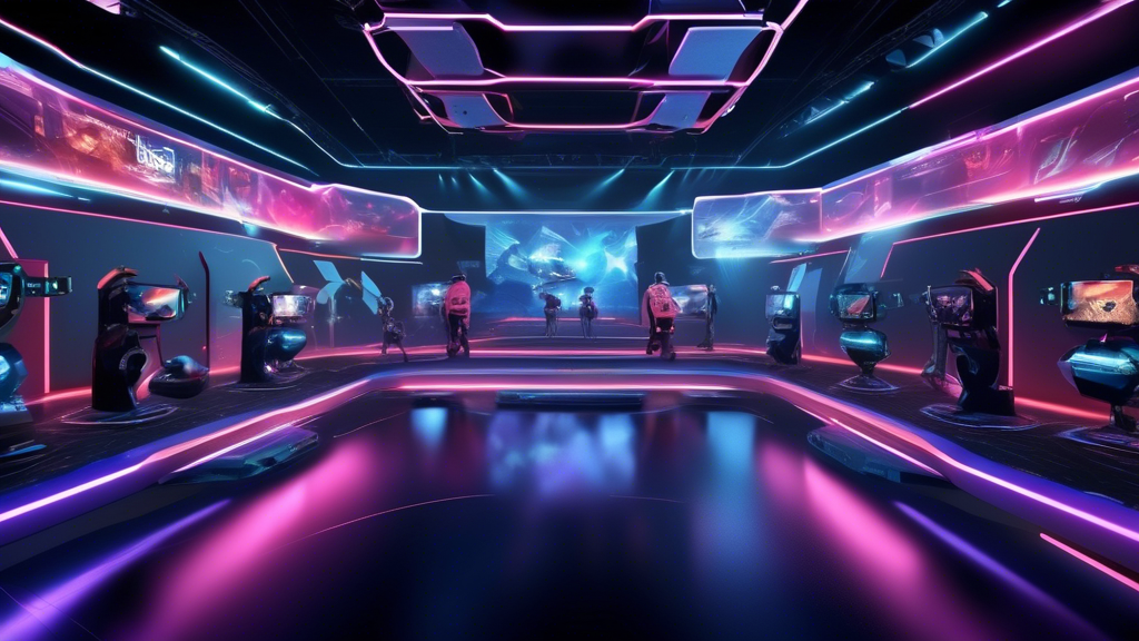 Create an image of a cutting-edge virtual reality esports tournament arena. The scene should showcase various high-tech VR headsets and advanced gaming accessories being used by competitors. Include futuristic elements that highlight software and platforms supporting the tournament, such as holographic displays, real-time stats, and immersive 3D environments. Show the seamless networking and infrastructure with visual cues of high-speed internet and seamless connection. Make the atmosphere vibrant and dynamic, capturing the thrill and intensity of VR esports.