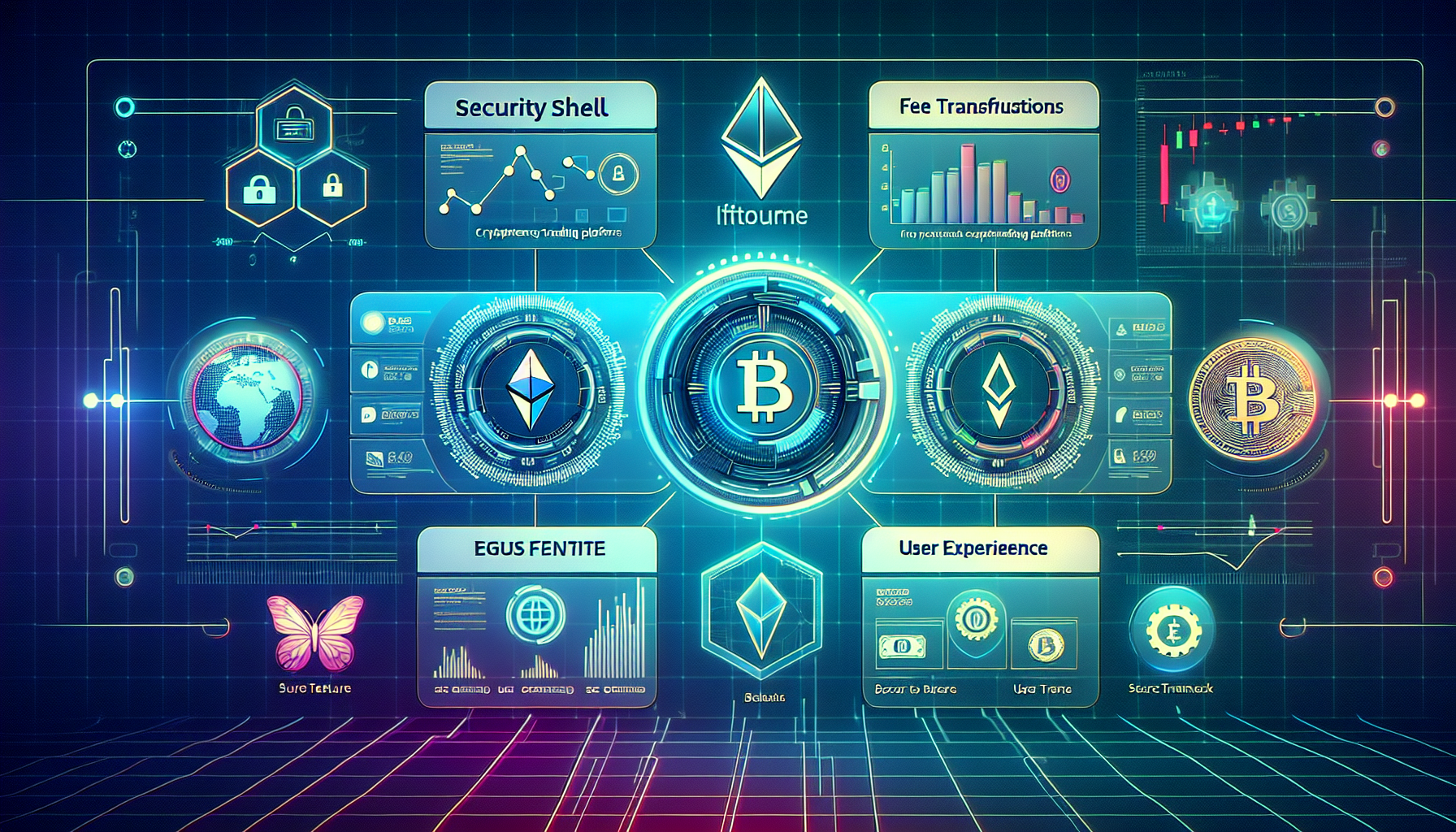 Create an image that features a sleek, modern interface with logos and dashboards of top crypto trading platforms for 2023. Showcase well-known platform names like Binance, Coinbase, and Kraken, highlighting their unique features with visual icons (e.g., security shield, fee chart, user experience rating). Include elements like graphs, charts, and secure transactions to emphasize comparison and user benefits. The background should have a futuristic and technological vibe to convey innovation in the crypto trading space.