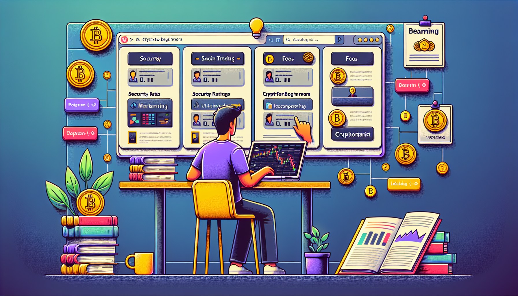 Create an image that depicts the process of selecting a cryptocurrency trading platform. The scene should include a person using a laptop to research different trading platforms, with visible features such as security ratings, fees, user interface screenshots, and a list of supported coins on the screen. Add elements that suggest the person is learning about these platforms, such as books labeled Crypto for Beginners and a coffee mug next to the laptop. In the background, include a bulletin board with pinned updates about platform trends and news articles related to cryptocurrency trading.