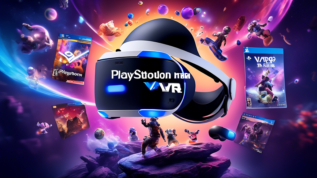 Create an image showcasing the PlayStation VR2 surrounded by a variety of game titles, both popular and exclusive, in a vibrant, dynamic setting. The VR headset should be at the center, with titles like 