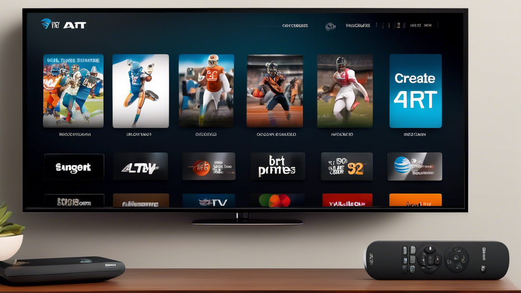 Create an image showcasing the various offerings and packages available with AT&T TV. Depict a variety of TV channels, premium options, and sports packages visually represented on a sleek interface. Include a price comparison table subtly in the background. The image should evoke a sense of choice and customization, highlighting bonus features like on-demand options and exclusive channels. The setting should look modern and tech-savvy, suitable for a cutting-edge TV service provider.