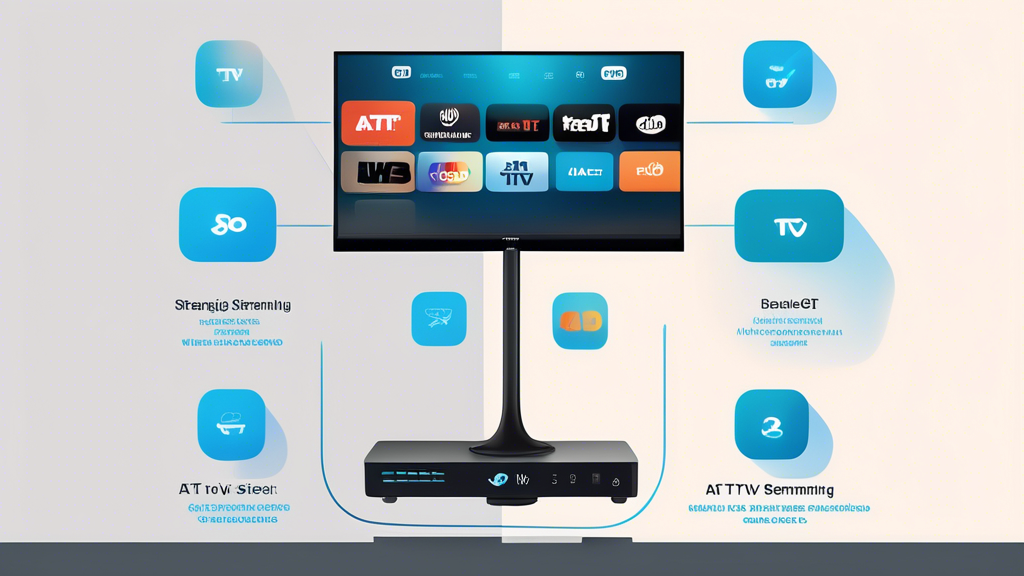 Illustration of a balanced scale with AT&T TV on one side and traditional cable TV and other streaming services on the other side. The AT&T TV side highlights benefits such as flexibility, user-friendly interface, and modern features, while the other side showcases traditional options along with potential drawbacks like higher costs and internet requirements. The backdrop includes icons representing various streaming services and internet connectivity to emphasize the comparison between AT&T TV