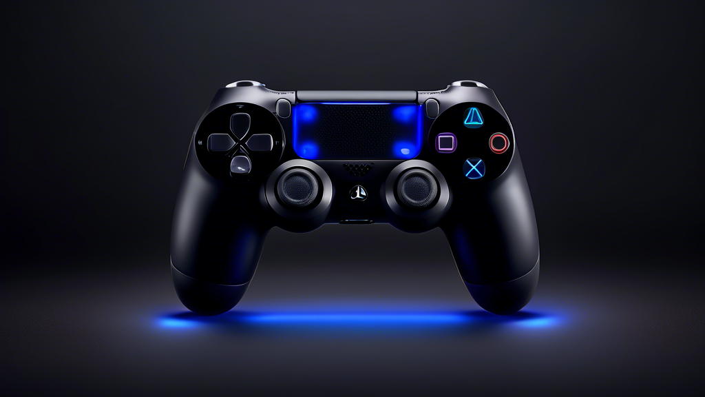 A sleek Sony DualShock 4 V2 controller illuminated against a dark background, highlighting its intuitive touchpad with reactive graphics displayed on it. The integrated light bar glows in vibrant colors, and small, precise Wi-Fi lines symbolize enhanced connectivity. A built-in speaker icon and battery life indicator are subtly featured, enhancing the sense of innovation and functionality. The overall composition should showcase the controller