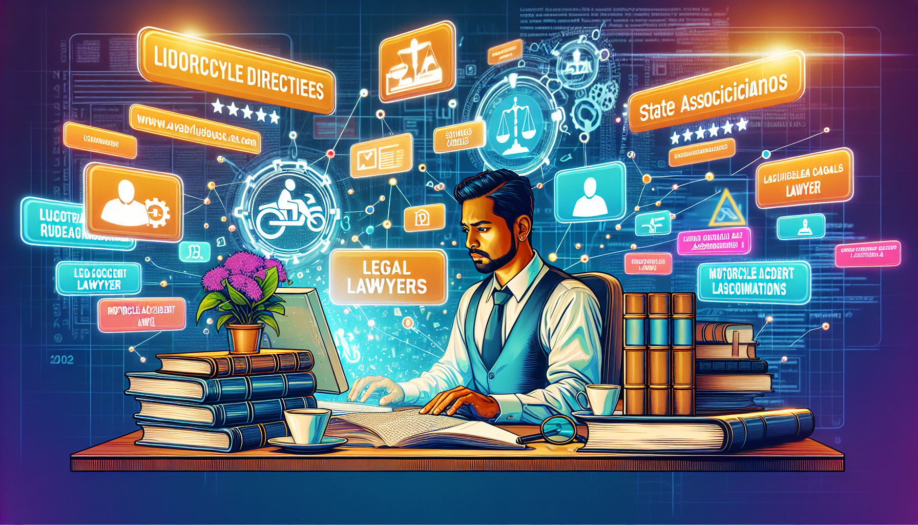 An illustration of a person researching on a computer, surrounded by books, legal documents, and clickable links floating around them that represent various legal directories, state bar associations, and review sites, all tailored to finding a specialized motorcycle accident lawyer in 2023.