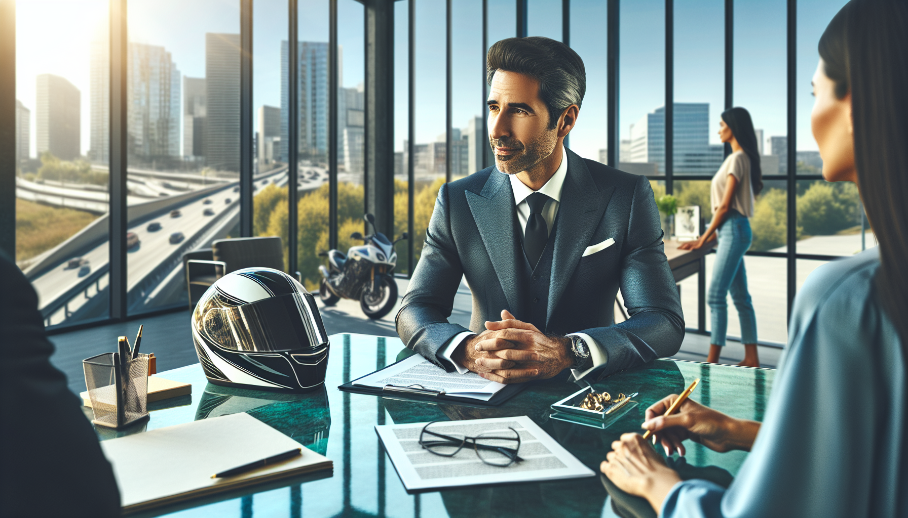 Create an image of a professional and approachable middle-aged man, dressed in a sharp business suit, sitting across a modern glass-top desk in a bright, stylish office. The room has large windows that overlook a bustling cityscape. On the desk, there are legal documents and a digital tablet displaying a complex traffic accident case. They are in conversation with a client, who is holding a motorcycle helmet. Include visual elements that suggest a consultation in progress, such as notepads, pens, and a cup of coffee. The mood is calm and reassuring, portraying the lawyer’s credibility and communication skills, matching the criteria outlined in point #3 of the article about choosing the right motorcycle accident lawyer in 2023.