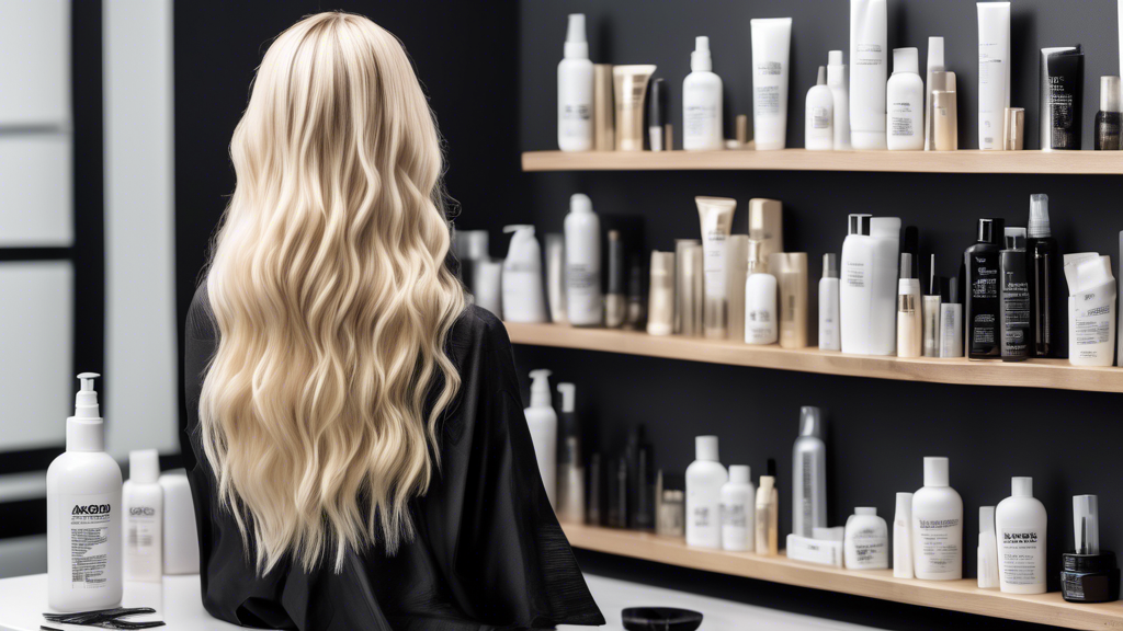 Create an image showcasing a selection of professional hair care products specifically for maintaining blonde foils on black hair. The scene should include high-quality bleaching agents, developers, shampoos, conditioners, and styling products, arranged aesthetically on a well-lit countertop. Additionally, incorporate hairdresser tools like brushes and foils to emphasize expertise and the professional aspect of the selection process. Include labels or branding that highlight the products