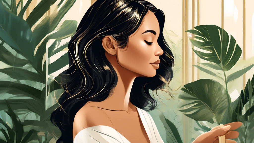 Create a detailed and stylish illustration showing a person with black hair beautifully highlighted with blonde foils. The scene should emphasize aftercare routines: applying moisturizing hair masks, using toning shampoos to prevent brassiness, and carefully brushing through vibrant blonde foils. In the background, include a serene, spa-like setting with natural elements like greenery and soft lighting to evoke a sense of relaxation and proper hair care. The overall mood of the picture should be calm and informative, highlighting the importance of upkeep for maintaining stunning blonde foils on black hair.