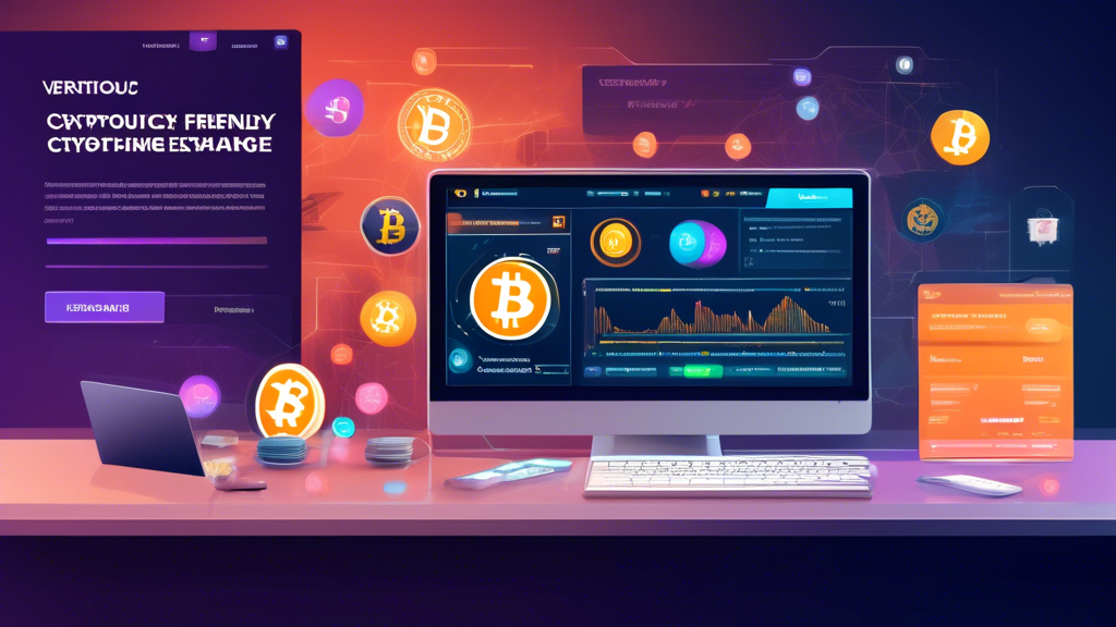 Create an image depicting a user-friendly interface of a cryptocurrency exchange platform on a computer screen. The screen should display various popular cryptocurrencies like Bitcoin and Ethereum, alongside a comparison chart highlighting factors such as fees, security, and user experience. Include visual elements like a wallet symbol and step-by-step instructions for creating an account and verifying identity. The background should evoke a tech-savvy environment, featuring books on cryptocurrency and a green plant for a touch of life. The overall tone should convey accessibility and simplicity for beginners looking to buy cryptocurrency.