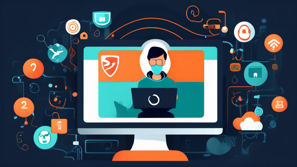 Create an image illustrating ensuring online safety while unblocking websites. The scene should depict a person using a laptop with a VPN shield icon on the screen, surrounded by other security elements such as antivirus software notifications and a locked padlock symbol. The background should subtly show a blocked website icon being accessed safely, emphasizing privacy measures like encrypted connections and masked IP addresses. The overall tone should convey a sense of security and vigilance.