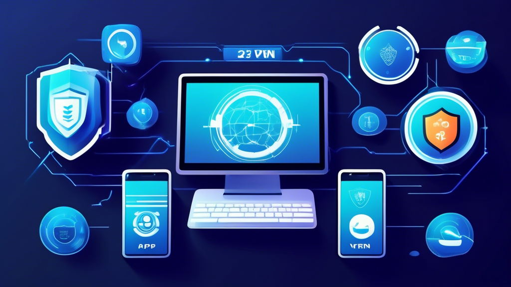 Prompt for DALL-E:

Create an image showing a modern, sleek computer desktop and a smartphone displaying animated screens of the top 5 free VPN apps of 2023. Each screen should showcase distinct logos, speed meters, server location maps, and security features comparisons. The background should be a blend of futuristic technology with highlights of security icons and digital shields to emphasize protection and privacy.