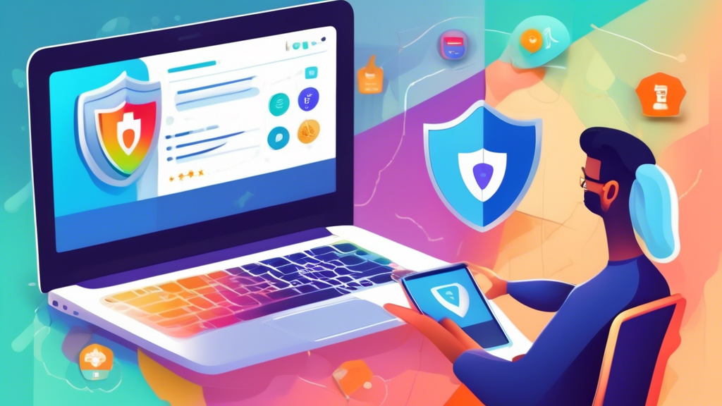 Create an image illustrating the process of choosing the best free VPN app to fit individual needs. Show a user comparing different VPN options on a laptop screen, filled with colorful app icons for various VPN services. Include elements such as checkmark lists, padlocks for security, privacy shields, and thumbs-up icons to denote user reviews. Incorporate tips like Read Reviews, Check Security Features, and Ease of Use as floating text around the user. The background can be a modern home office setup, highlighting the everyday utility and importance of selecting the right VPN app.