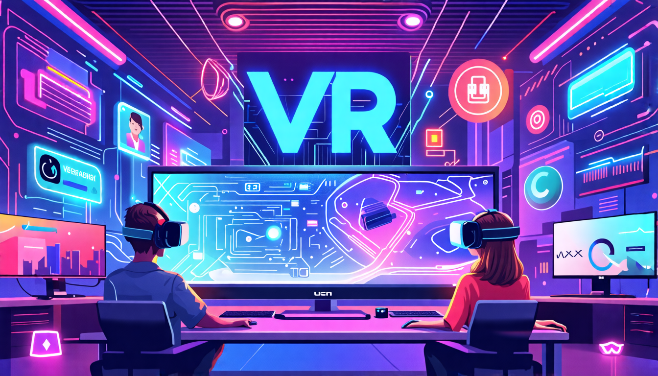 Create a detailed scene featuring the top VR development companies, each represented by their logos or distinct visual elements, engaged in futuristic virtual reality projects. Include holographic displays, VR headsets, and innovative tech setups in a modern, tech-centric environment. Highlight the companies