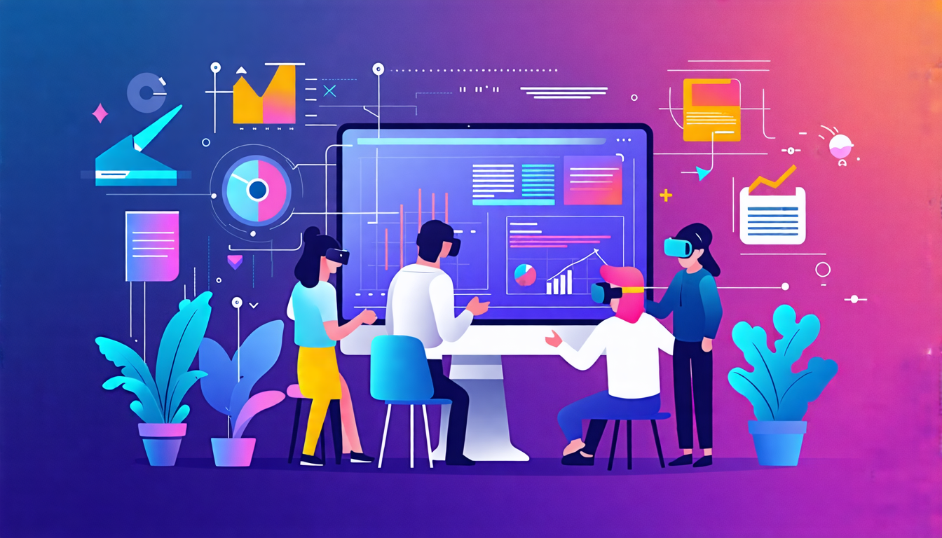 An image depicting key aspects to consider when choosing a VR development company: a professional team collaborating on a VR project, showcasing essential qualities like creativity and technical expertise. Insert background elements such as floating case study PDFs, digital success metrics, and futuristic holograms predicting trends and advancements in VR technology. The image should have a modern, tech-savvy ambiance, with icons representing innovation, quality, and forward-thinking.