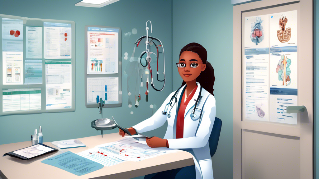 Create an image showing a nervous but prepared individual sitting in a medical examination room, holding a detailed checklist of documents and information. The room features various medical tools and charts, with a friendly-looking doctor ready to conduct a DOT physical exam. Include visual elements that represent common procedures and tests, such as a vision chart, blood pressure monitor, and a stethoscope, to depict the comprehensive nature of the exam. The atmosphere should be professional and reassuring.