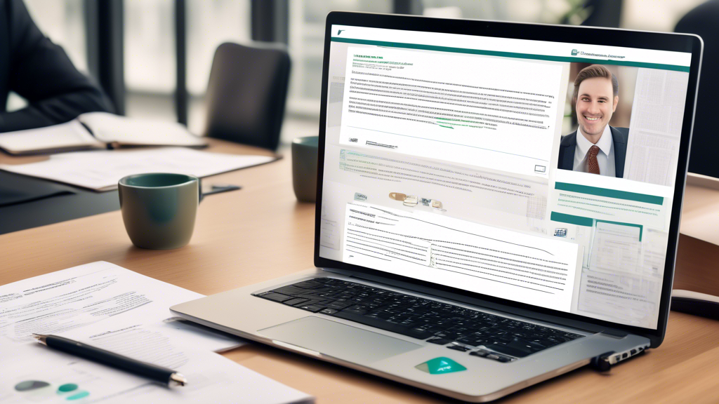 Create an image showing a person using a laptop and smartphone amidst office settings, researching and evaluating local accident law firms. The laptop screen displays a webpage of a law firm