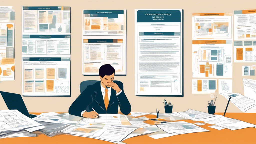 Illustration of a person sitting at a desk, surrounded by comparison charts and documents, thoughtfully reviewing and comparing the services and fee structures of different accident law firms. The background features posters or bulletin boards with key phrases like 