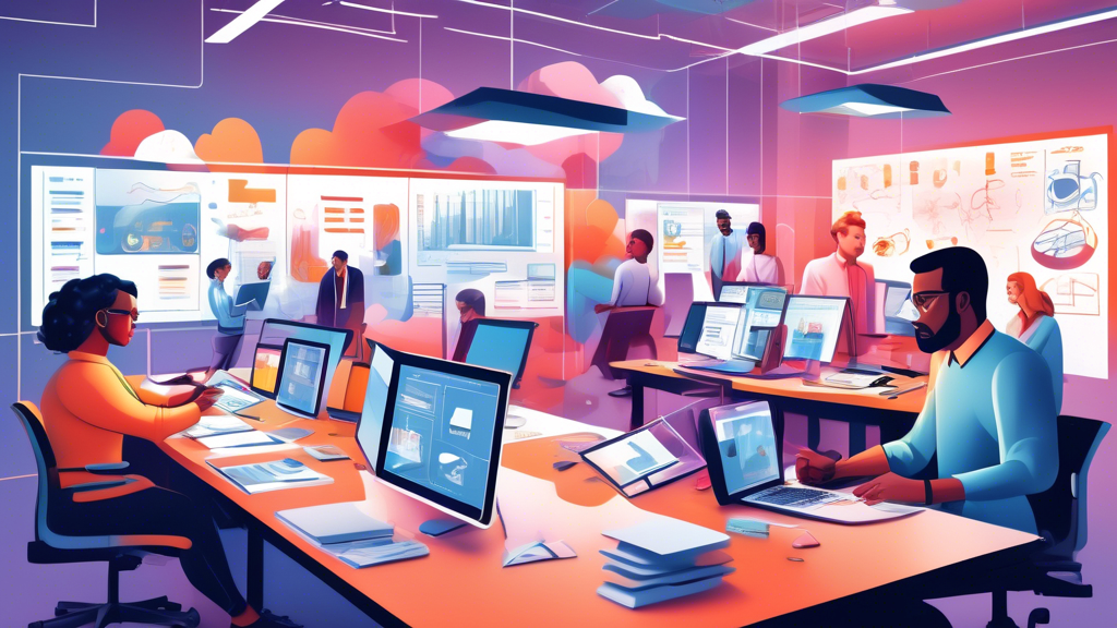 Create an image showcasing a team of IT professionals in a modern office setting, collaboratively working on multiple computer screens displaying Prisma Cloud interfaces. Include visual elements that represent a step-by-step guide, such as numbered lists or workflow diagrams. Highlight tips and best practices with icons or sticky notes on the screens. Embed subtle challenges like warning symbols and illustrate their solutions with check marks or thumbs up icons to signify overcoming common implementation hurdles.