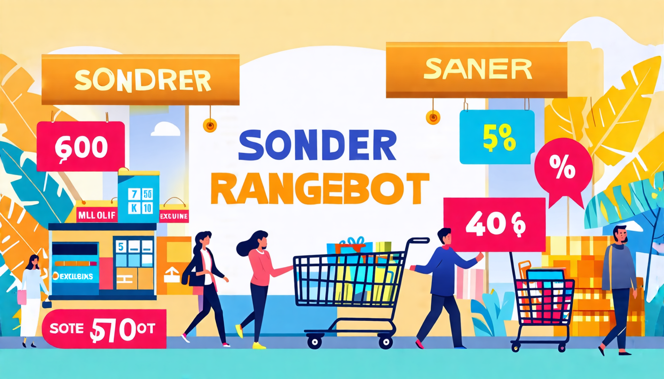 Create an image that visually represents the concept of Sonderangebot, highlighting the financial advantages of exclusive offers and discounts. Show a vibrant, colorful marketplace scene with various products on sale, price tags displaying significant discounts, and excited shoppers taking advantage of the deals. Include elements like shopping carts filled with bargains, promotional banners, and a calculator displaying savings. The overall atmosphere should convey a sense of excitement and opportunity for savings, emphasizing the benefits of shopping during special promotions.