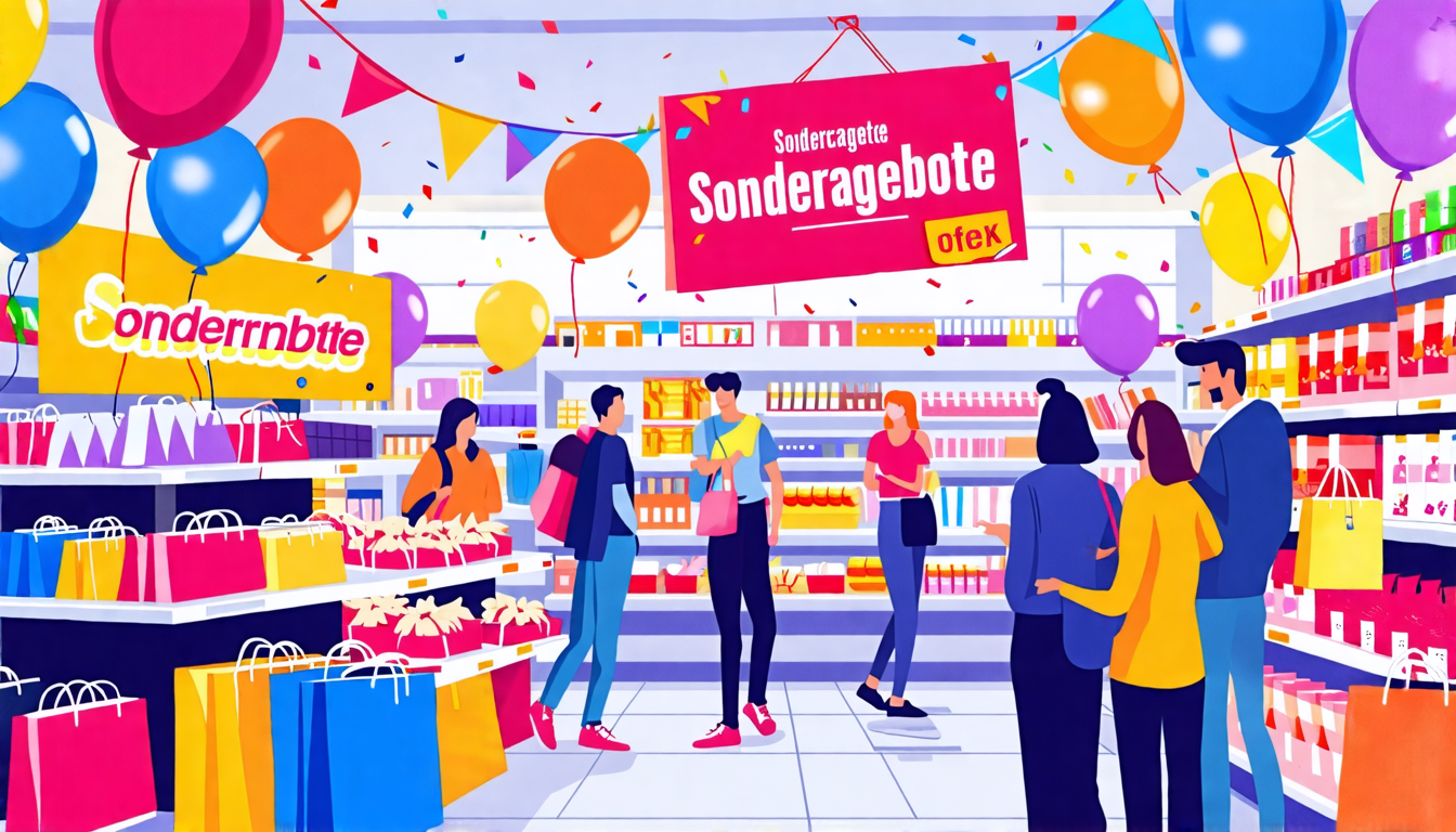Create an engaging and visually appealing image that showcases a vibrant display of various products featuring Sonderangebote (special offers) in a retail environment. Include signage highlighting current discounts and deals, with a diverse group of enthusiastic shoppers looking at the products. Incorporate festive elements like colorful banners or balloons to emphasize the excitement of savings. Make sure the scene conveys a sense of urgency and opportunity, encouraging viewers to take advantage of the limited-time offers.