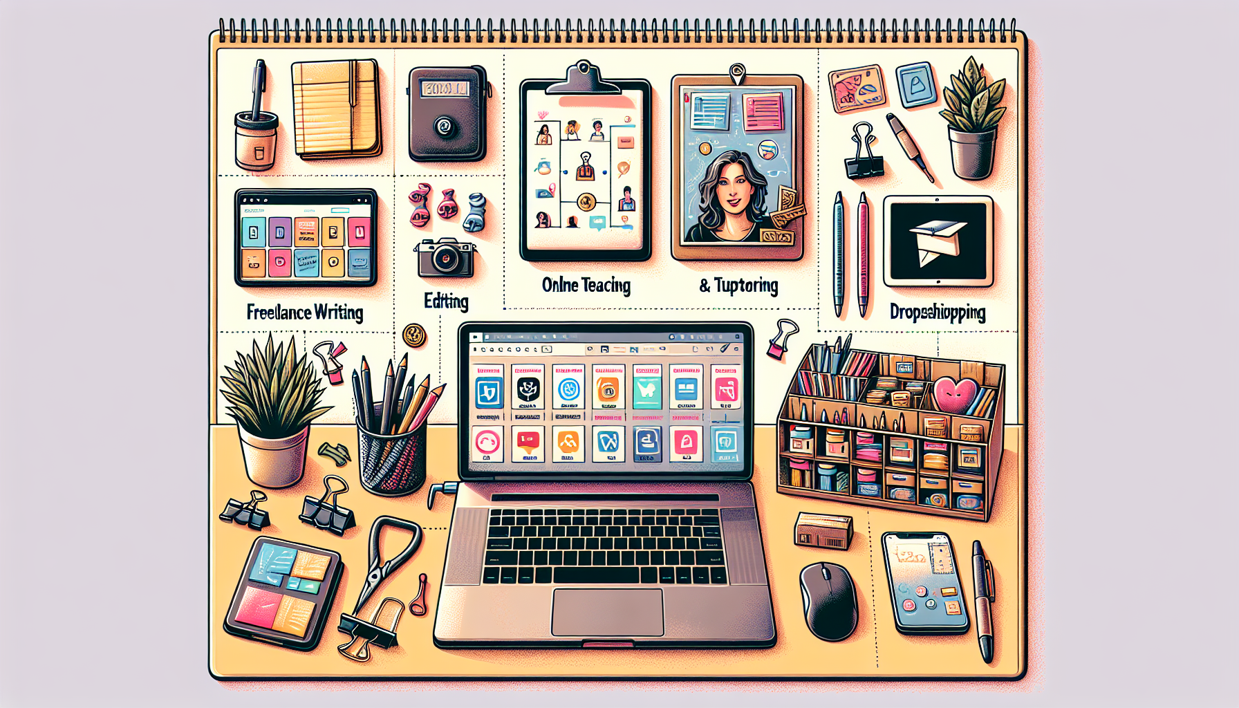 Create an image that shows a modern workspace divided into three sections: one for freelance writing and editing with a laptop and notepad, one for online tutoring and teaching with a whiteboard and video call setup, and one for e-commerce and dropshipping with a small product inventory and shipping supplies. Add details like icons of popular platforms like Upwork, Fiverr, VIPKid, Chegg Tutors, and Shopify to emphasize the digital nature of these side hustles. The overall aesthetic should be clean, organized, and inspiring, reflecting the potential for flexible income in 2022.