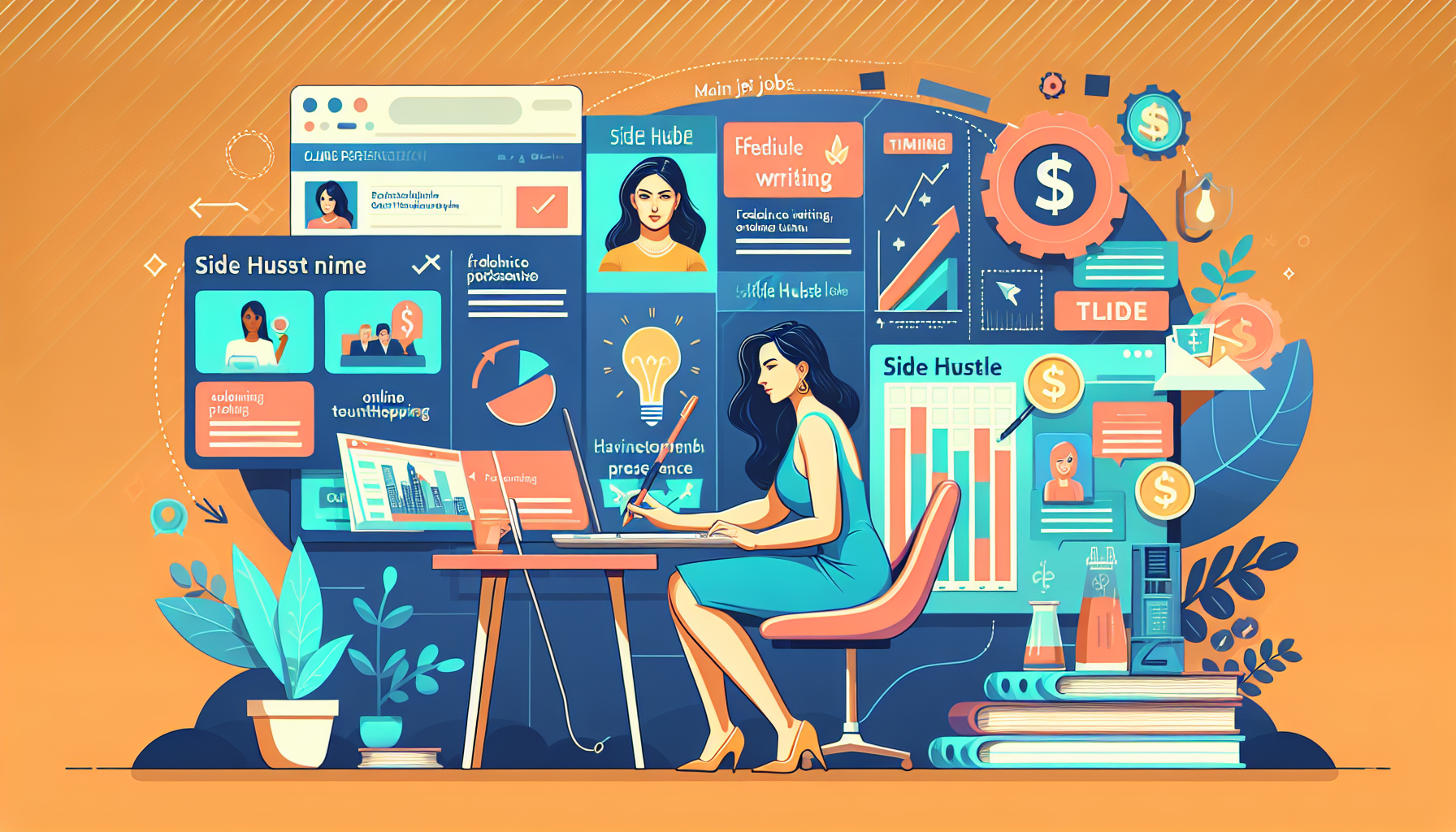 Create an image that visually illustrates the steps to kickstart a successful side hustle: 

- Show a person researching on a computer with various side hustle options (like freelance writing, online tutoring, and e-commerce) displayed on the screen.
- Include visual elements depicting the setup of an online presence, such as a professional profile or portfolio on a website. 
- Highlight time management strategies with a calendar or planner and perhaps depict someone balancing tasks from their main job and side hustle.
- Demonstrate the concept of scaling a side hustle with visual symbols like graphs or charts showing growth.

Stylistic preference: Clean, modern, and vibrant, with a motivational and planning-focused theme.