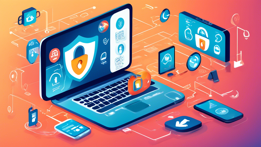 A modern digital illustration showcasing best practices for enhancing personal security online. Depict various elements like managing digital footprint, strengthening password security, using two-factor authentication, and regularly updating devices. Include icons such as a secure lock, a smartphone with a shield, a computer showing software updates, and a digital footprint symbol, all interconnected through a network to emphasize comprehensive online privacy measures.