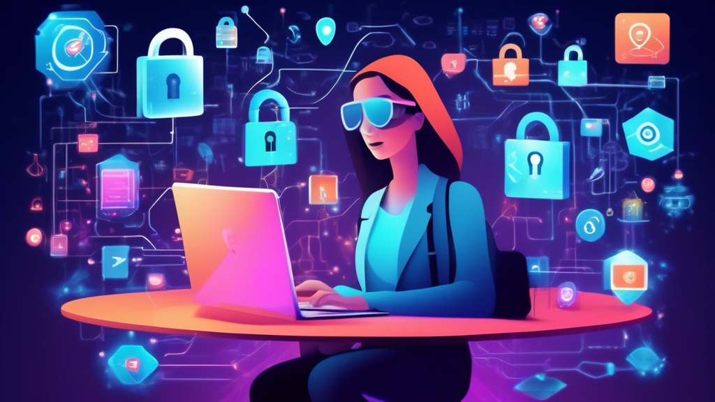 Create an image that showcases a vigilant user who is navigating the digital landscape with an aura of cybersecurity. The user is surrounded by holographic icons of pads and locks, indicative of secure shopping and social media use, while avoiding phishing and malware threats. The scene should illustrate various online privacy threats that the user is successfully identifying and avoiding, with elements like phishing emails, malware pop-ups, and unsecured Wi-Fi networks subtly present but clearly marked with warning signs. The background should hint at a virtual environment or a digital matrix, emphasizing the importance of staying vigilant in the online world.