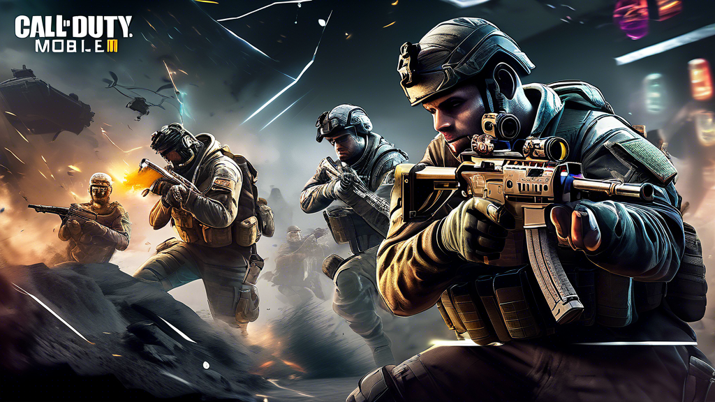 Generate an image that represents Mastering Strategies and Skills in CoD Mobile: A dynamic scene showing a squad of focused gamers playing Call of Duty Mobile on their devices, with holographic overlays of the game maps, movement techniques, and aiming targets. The background features intense gameplay action with vivid colors and sharp graphics, emphasizing teamwork, communication, and precision.