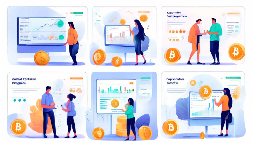 A detailed illustration with various scenes showing people evaluating different cryptocurrency trading platforms. In one scene, a person is analyzing their trading goals and needs, represented by charts and graphs. In another scene, another individual is comparing transaction costs and fees, showing side-by-side comparisons of different platform charges. Finally, there are people receiving recommendations and advice, highlighting key points for both beginners and experienced traders. The backdrop includes elements of technology and finance, illustrating the concept of 