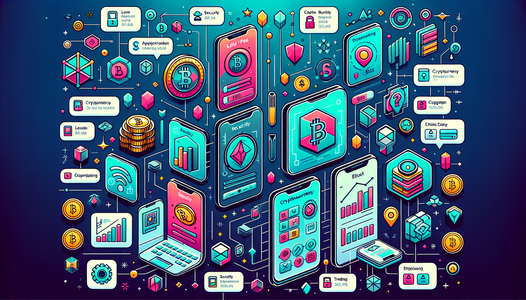 Prompt for DALL-E:

An engaging and detailed visual representation of the best cryptocurrency trading apps of 2023. The image should highlight the key features and advantages of popular apps like Binance, Coinbase, and Kraken. For Binance, emphasize low fees and a wide range of cryptocurrencies; for Coinbase, focus on its security and user-friendly interface, especially for beginners; and for Kraken, showcase its trading tools and customer support. Include icons or logos of other notable apps like eToro and Huobi, each with a brief visual cue of their unique offerings. The overall style should be modern and tech-savvy, with a clean and organized layout to represent each app