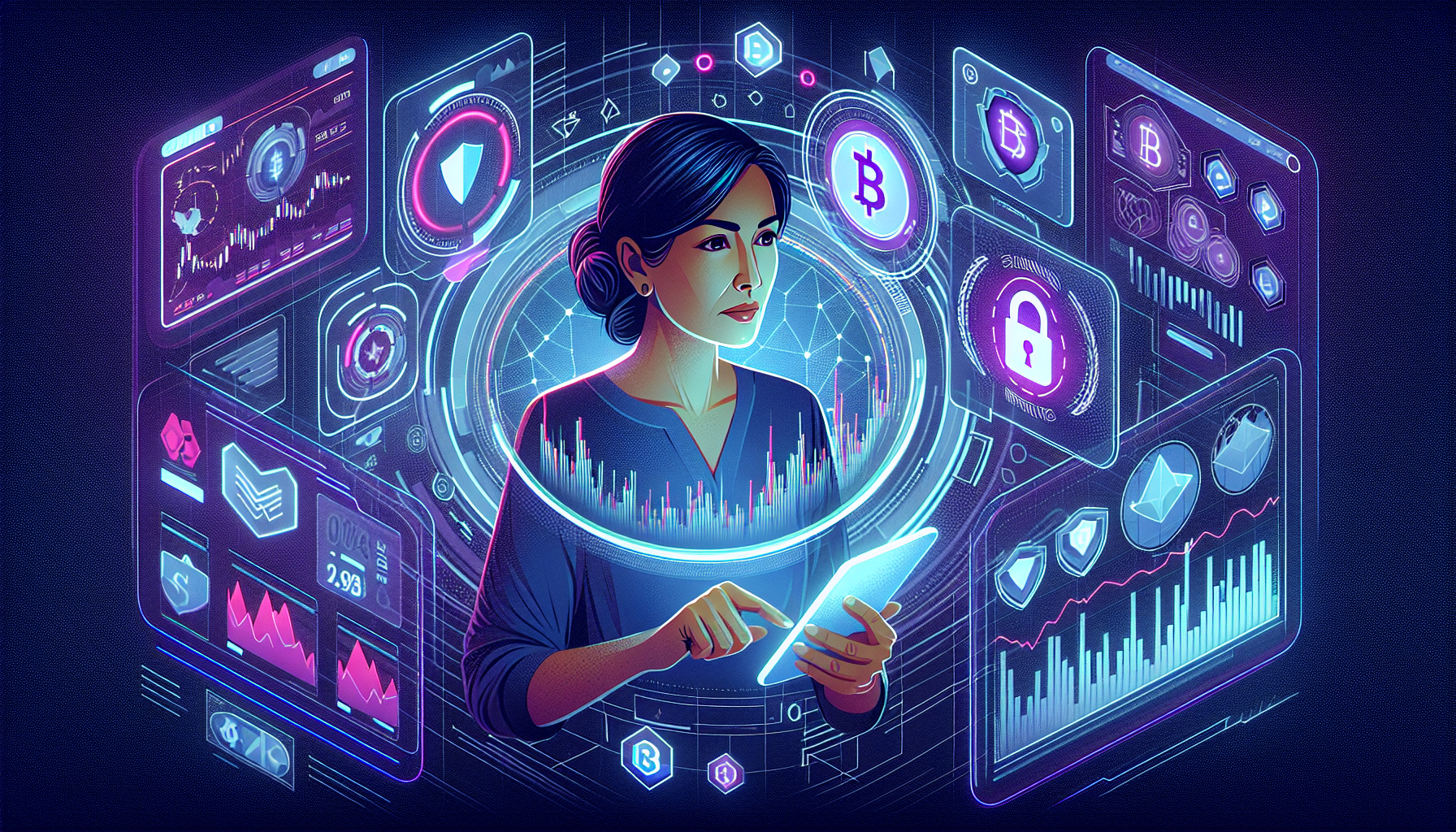 Create an image showing a tech-savvy individual using a mobile application for cryptocurrency trading. The user should be surrounded by multiple holographic displays depicting trading charts, market trends, and alerts. The image should include elements that represent security, like encrypted icons or a shield, as well as educational tools such as tutorial pop-ups or demo account indicators. This image should reflect a high-tech, efficient, and secure trading environment.

Keyword: best app to trade crypto.
