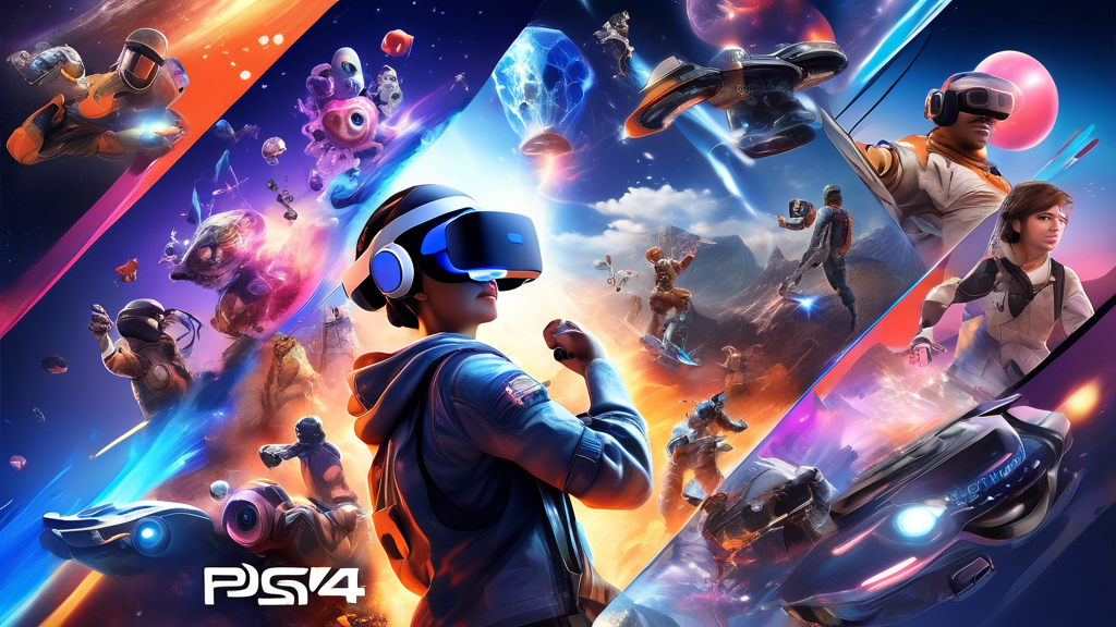 Create an engaging digital artwork illustrating a dynamic collage of the top PS4 VR games. Include characters and elements from best-selling, critically acclaimed titles like Astro Bot Rescue Mission, Beat Saber, and Resident Evil 7. Showcase a variety of genres, including action-packed scenes, adventurous landscapes, and social VR interactions. The background should have a futuristic, immersive VR ambiance, with vibrant colors and holographic effects emphasizing the excitement of virtual reality gaming on the PS4.
