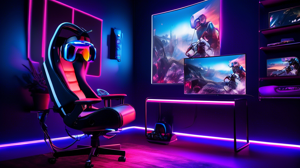 Create an image showcasing a PS4 gaming setup optimized for virtual reality. Include a PS4 console, VR headset, and a television displaying vibrant graphics. Add visual cues like a player adjusting settings for the best visuals on the screen, ergonomic gaming chair, and accessories like cooling pads and cable management to emphasize comfort and efficiency. Highlight a smooth and immersive gaming environment, free of clutter, to represent an ideal setup for extended VR gaming sessions.