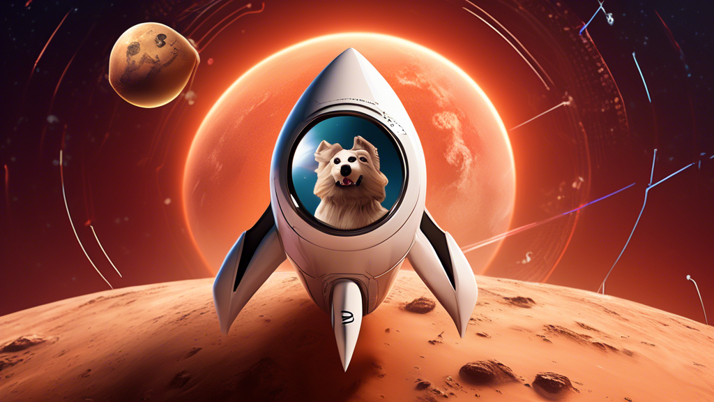 Create an image that illustrates Dogelon Mars: A futuristic, sleek rocketship emblazoned with the cryptocurrency logo ascending into space, symbolizing its rising prominence. The background features a dynamic, digital-styled financial news interface from Yahoo Finance, with charts, graphs, and headlines highlighting Dogelon Mars. Include visual elements that suggest forward-thinking and growth, such as arrows pointing upwards, bright colors, and a modern tech aesthetic.