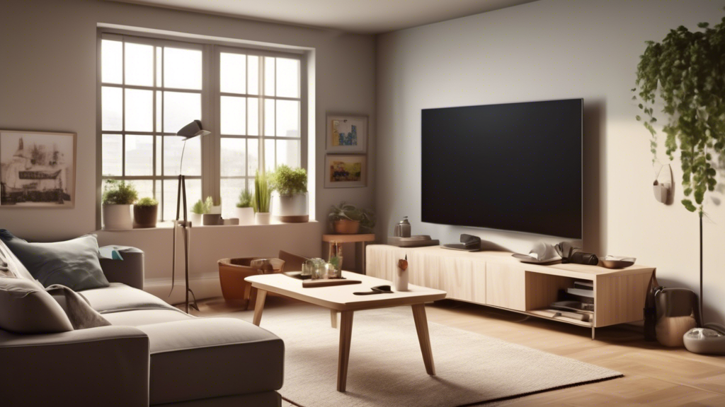 Create an image that depicts a cozy living room setting with a large flat-screen TV displaying a live football match. On a nearby table, there are various streaming devices connected to the TV, such as a smart TV box, a laptop, and a tablet. Include a simple step-by-step visual guide on a nearby wall, showing how to set up fuboTV Connect. The room is well-lit and has football memorabilia, such as team scarves and a football. Highlight the fuboTV Connect logo on the devices and the TV screen to emphasize the brand.