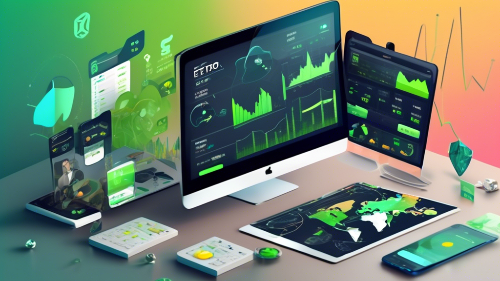 Create an image that visually represents the user interface of the eToro trading platform, focusing on its crypto features and tools. Include elements like charts and graphs demonstrating crypto market trends, as well as icons symbolizing copy trading and social trading functionalities. Incorporate a modern, tech-inspired aesthetic with a color palette reflecting eToro