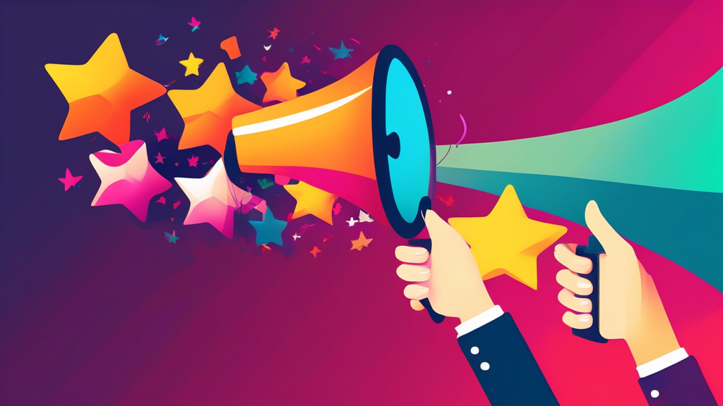 A hand holding a megaphone with positive customer reviews (5-star ratings, thumbs up) coming out of it, against a background of a phone with a growing sales chart displayed on the screen.