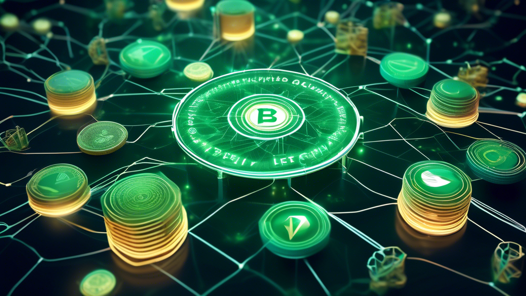 Create an image of futuristic digital coins floating in a high-tech, interconnected network. Each coin represents different notable upcoming cryptocurrencies: one symbolizes blockchain interoperability with chains linking different blocks, another signifies DeFi innovations with holographic financial tools and charts, and the last one focuses on sustainability with green leaves and solar panels etched onto it. The background should be a blend of advanced tech graphics with a hint of eco-friendly elements, showing a balanced fusion of technology and sustainability. The overall color scheme should feature metallic tones, with glowing accents that reflect an innovative, forward-thinking aura.