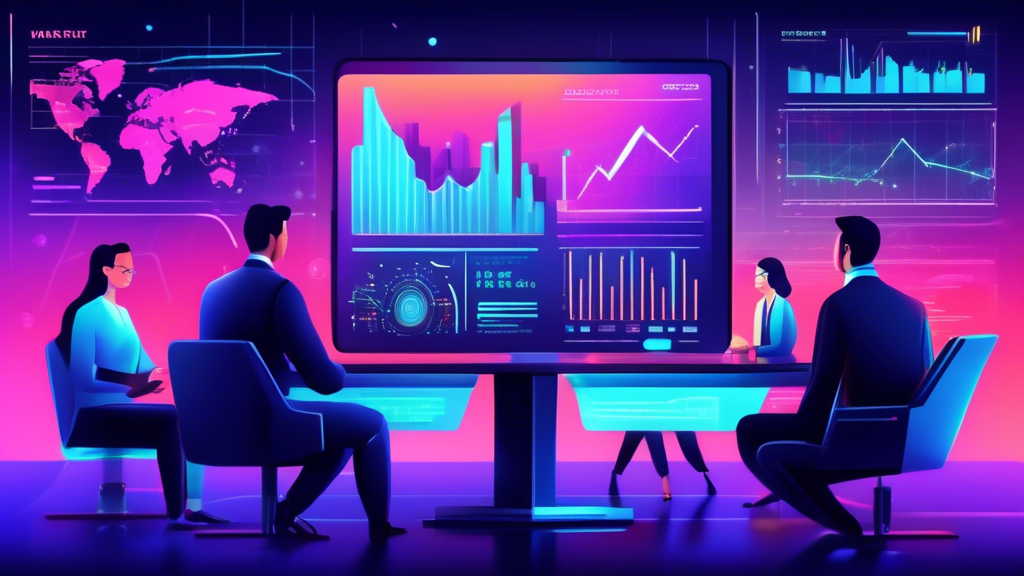 Create a digital illustration depicting a futuristic financial market scene with experts analyzing data on large holographic screens. Include visual elements such as bar graphs, pie charts, and line graphs showing market trends and predictions for cryptocurrencies in 2024. One screen should highlight the words 