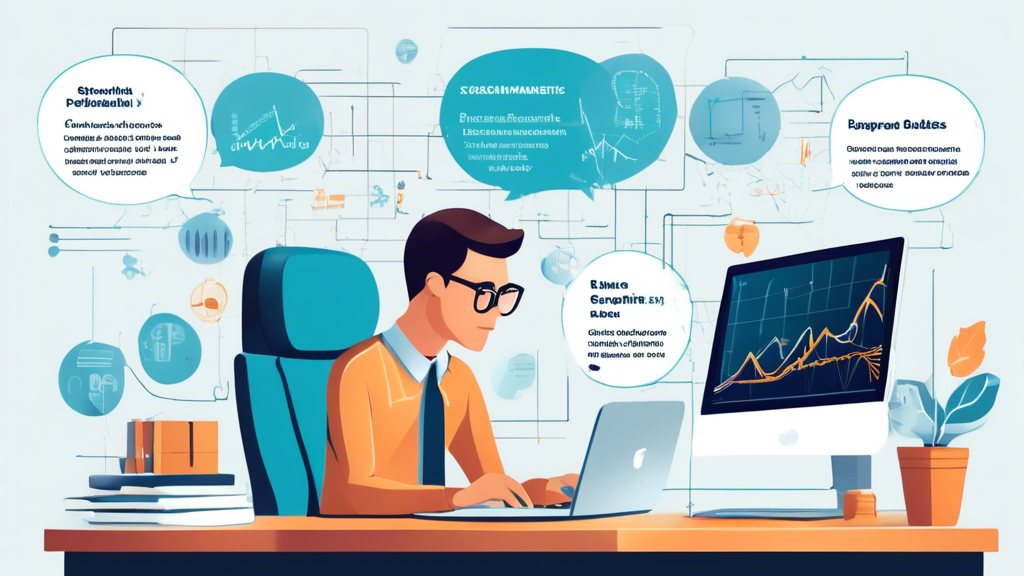 Create an image that visually illustrates the process of optimizing investments using Schwab Portfolio Margin. The image should depict a person at a desk analyzing charts and graphs on a computer screen. The background should include elements that indicate financial growth, such as upward-trending graphs and stacks of coins. Include thought bubbles or labels that provide tips for getting started, best practices for maximizing returns, and warnings for common pitfalls to avoid. The overall theme should evoke a sense of strategy, financial acumen, and cautious optimism.