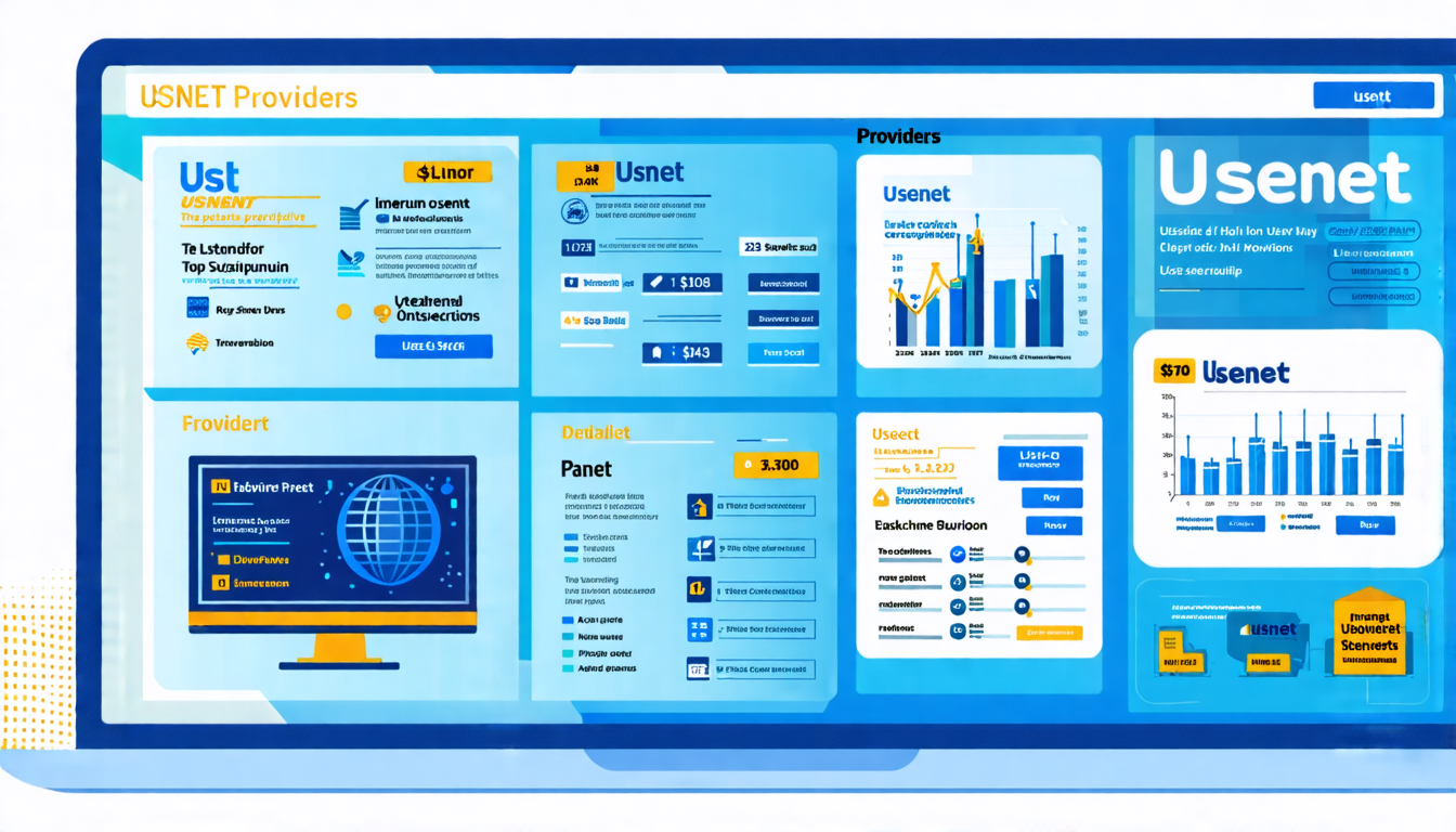 Prompt: Create an image depicting a detailed comparison of the top Usenet providers, highlighting their pros and cons. The image should showcase multiple Usenet provider logos, along with comparison charts and key information such as prices, subscription options, and featured services. Use a clean and professional layout with contrasting colors for clarity. Make sure it clearly visualizes the leading Usenet providers in the market, emphasizing their distinct advantages and disadvantages.