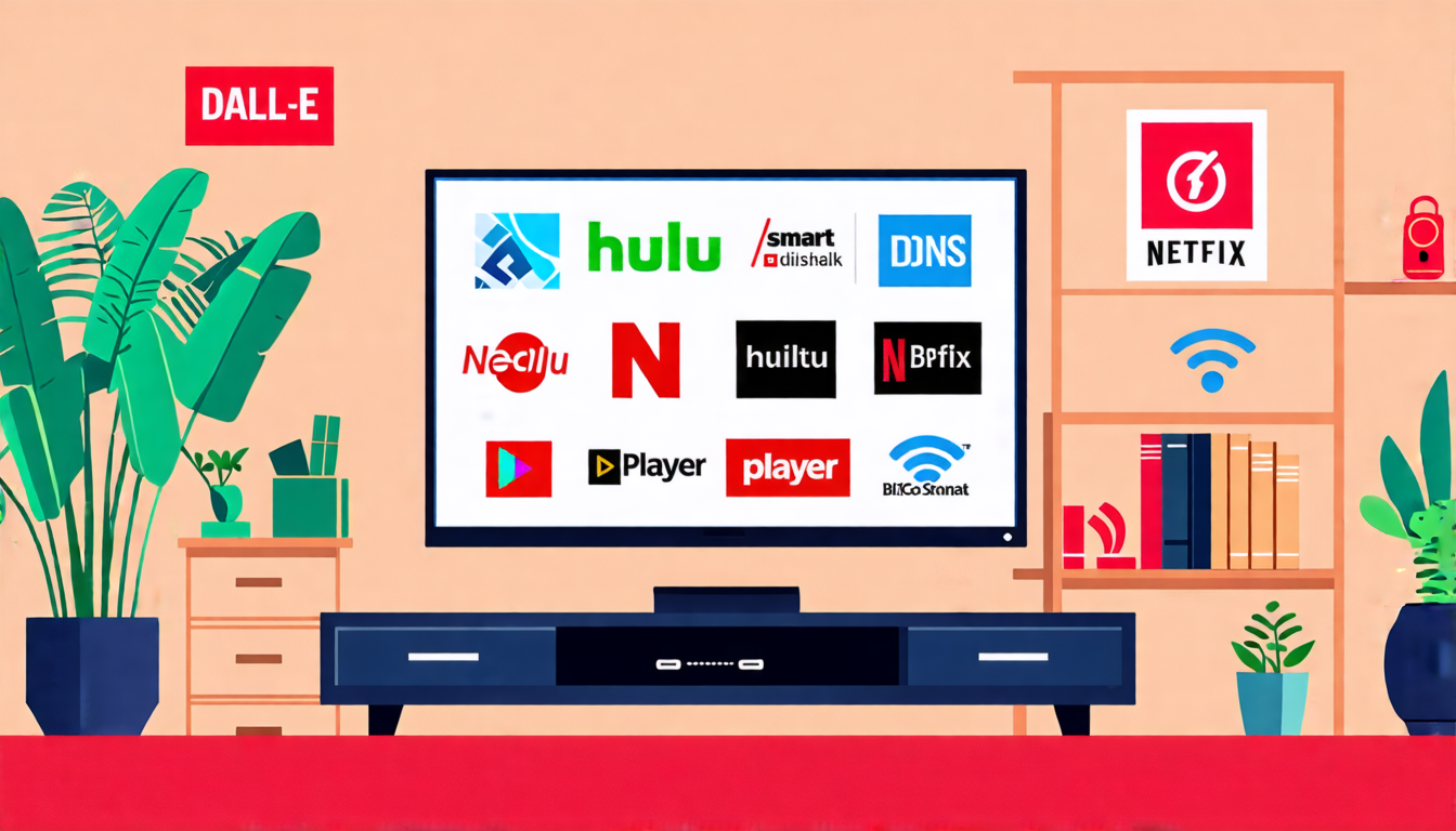 Create an image prompt for DALL-E:

A sleek home entertainment setup featuring a flat-screen television displaying various popular streaming platform logos such as Netflix, Hulu, and BBC iPlayer. The scene illustrates access to geographically restricted content using a Smart DNS service. The background should include symbols of fast streaming speeds like green Wi-Fi bars and buffering icons with a red 