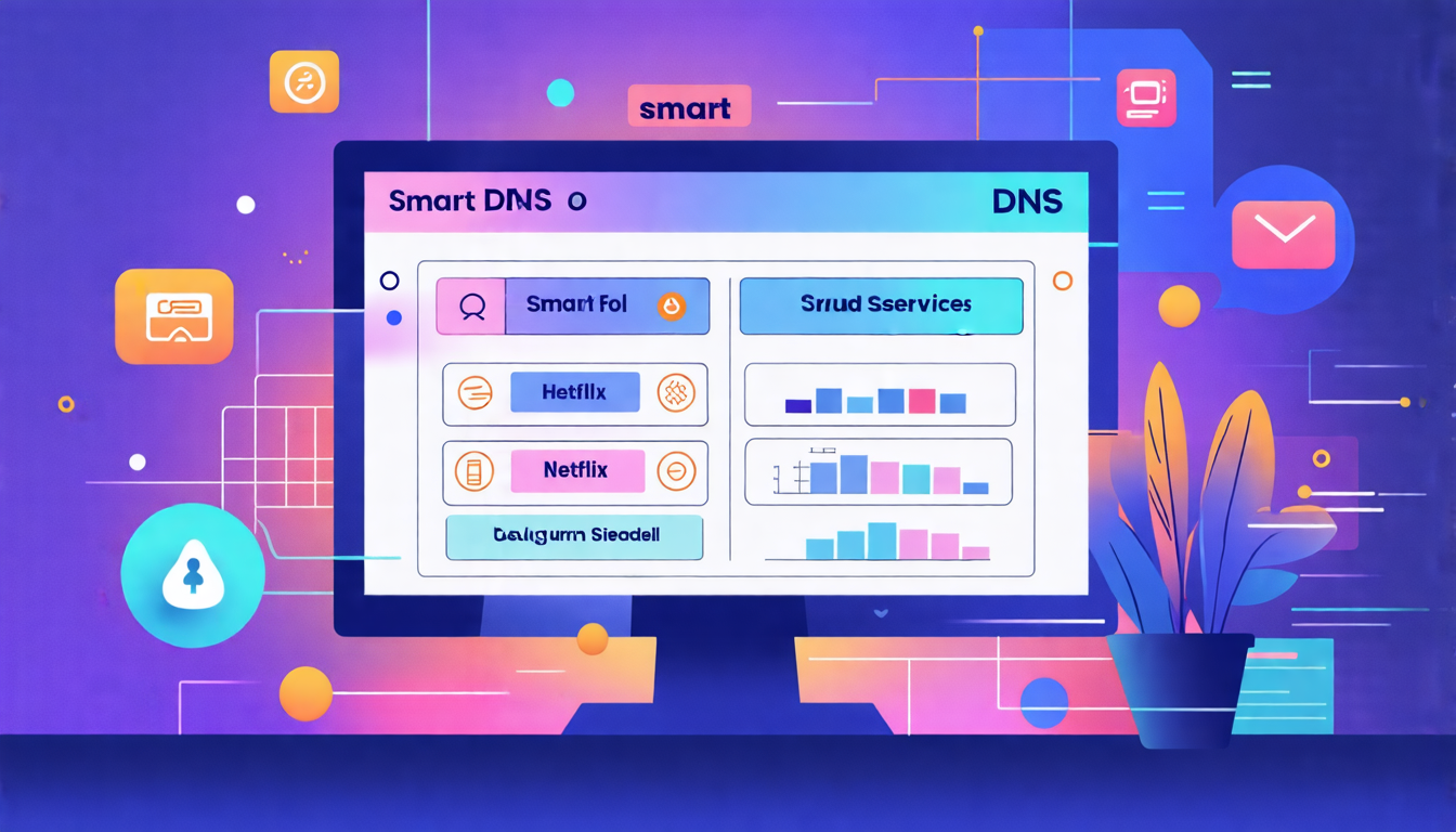 Create an image that illustrates the concept of selecting the best Smart DNS service for streaming. Show a user at a computer with a comparison chart on the screen displaying key features of different Smart DNS services, such as speed, accessibility, and security. Include subtle icons or elements indicating streaming services (like Netflix or Hulu) and a step-by-step guide layout as part of the user