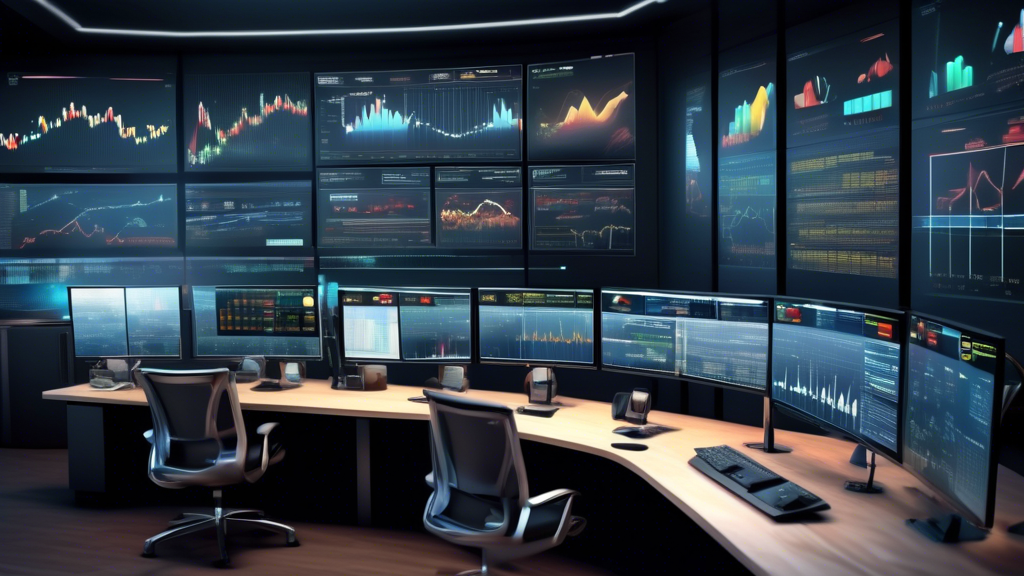 Create an image of a modern trading desk with multiple computer screens displaying Exness signals, graphs, and charts, with a focus on a central screen where the main trading strategy is in action, incorporating visual elements that highlight best practices, common mistakes, and advanced tools in a dynamic and informative layout.