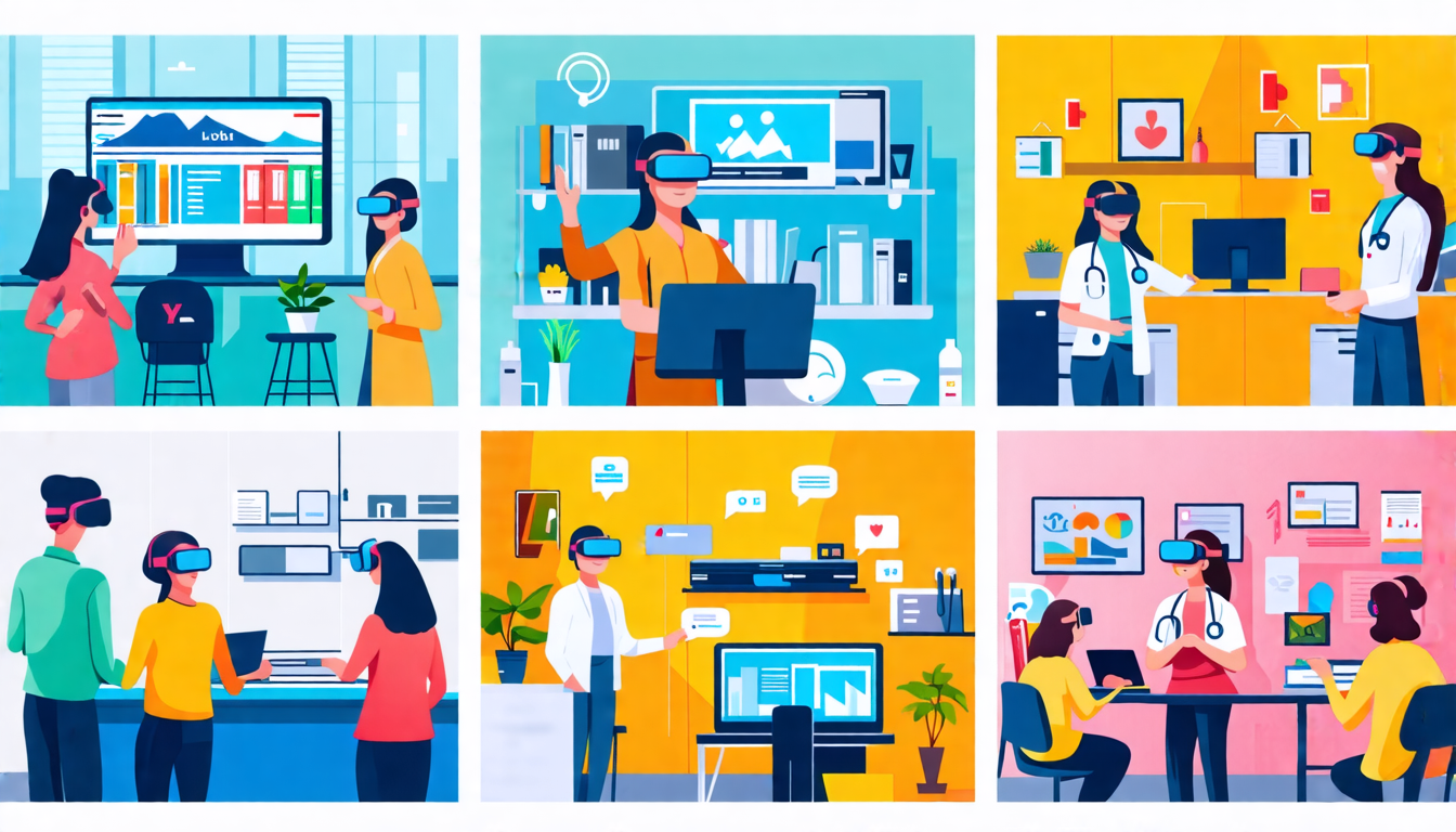 Create an image depicting various transformative applications of VR equipment in business settings. The image should feature multiple industry-specific scenes: retail with virtual shopping experiences, real estate with immersive property tours, a classroom with VR learning, and a healthcare setting with VR-based therapy. Each scene should show people actively using VR headsets and equipment, highlighting the innovative and efficient ways VR is enhancing these sectors. Tags: VR in retail, VR in real estate, VR in education, VR in healthcare, virtual reality business applications.