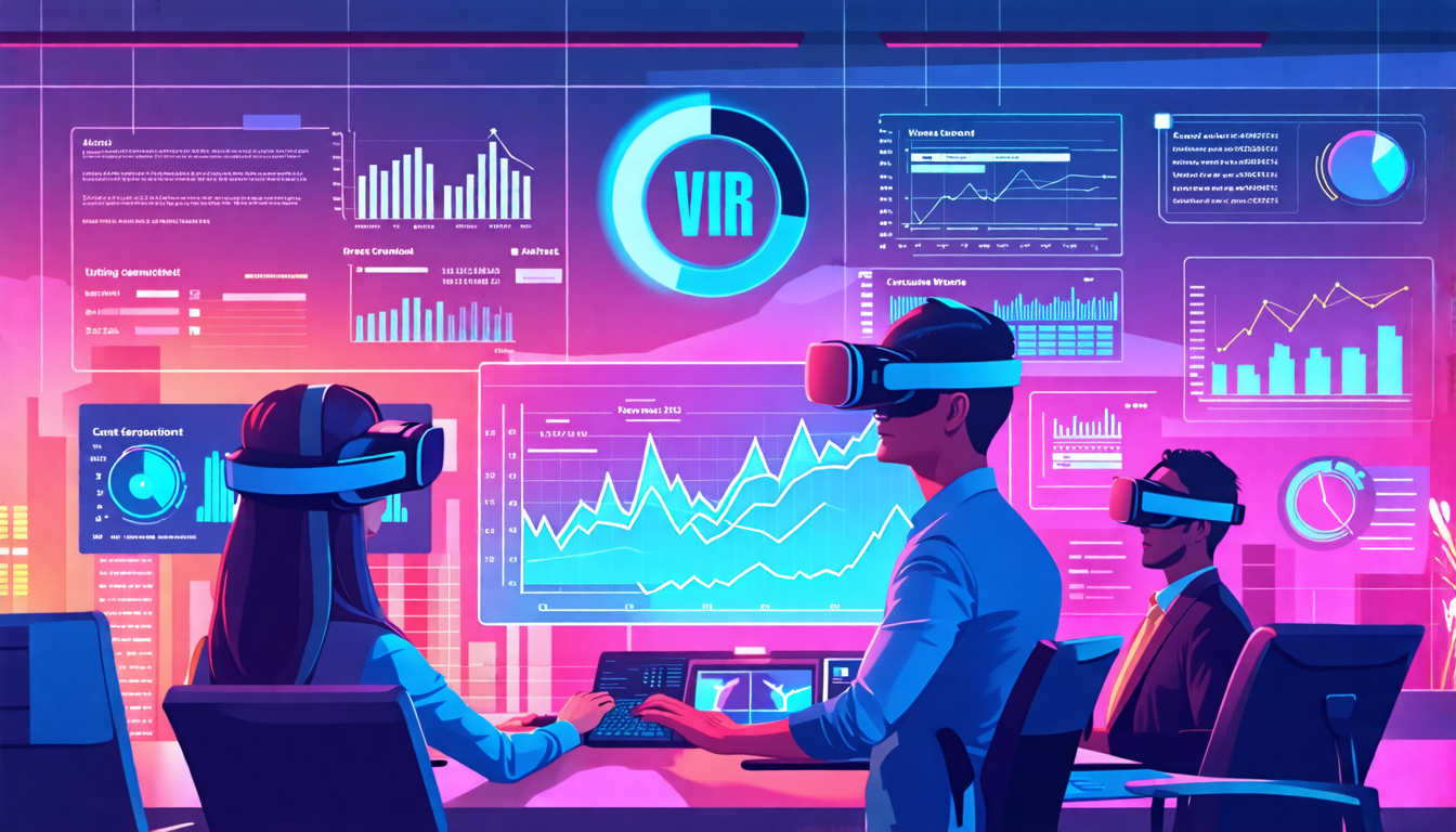Create an image of a futuristic office setting where business professionals are using VR headsets and equipment to simulate business growth metrics. The scene includes holographic graphs and charts showing data analytics and ROI calculations. In the background, display a few case studies and future trends in VR technology represented visually on digital screens. The atmosphere should be innovative and tech-forward, emphasizing the potential and impact of VR equipment in a dynamic business environment.

Keyword: VR equipment business growth.