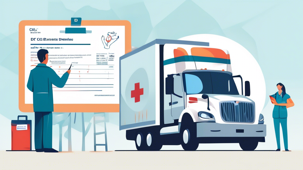 Create a detailed and informative illustration that highlights the essential medical requirements and criteria for the CDL DOT Medical Exam for the DMV. The image should depict the following:- A doctor’s figure evaluating a commercial driver.
- Visual elements representing different medical conditions such as vision tests, hearing tests, cardiovascular health, and insulin usage.
- A checklist or clipboard indicating required documentation such as medical history, medications, and previous medical records.
- Labels or callouts highlighting specific physical and mental health standards to be assessed.Keywords: CDL DOT medical exam, commercial driver, medical evaluation, health criteria, doctor, medical documentation.